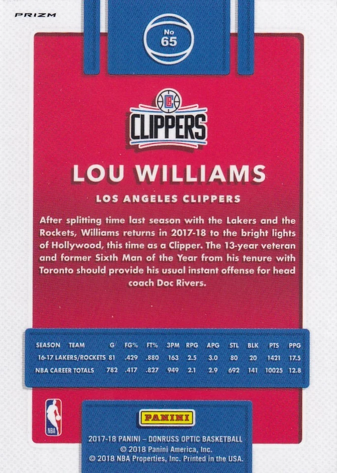 2017-18 OPTIC PRIZMS BLUE VELOCITY LOU WILLIAMS LOS ANGELES CLIPPERS - Y149 - Image 2 of 2