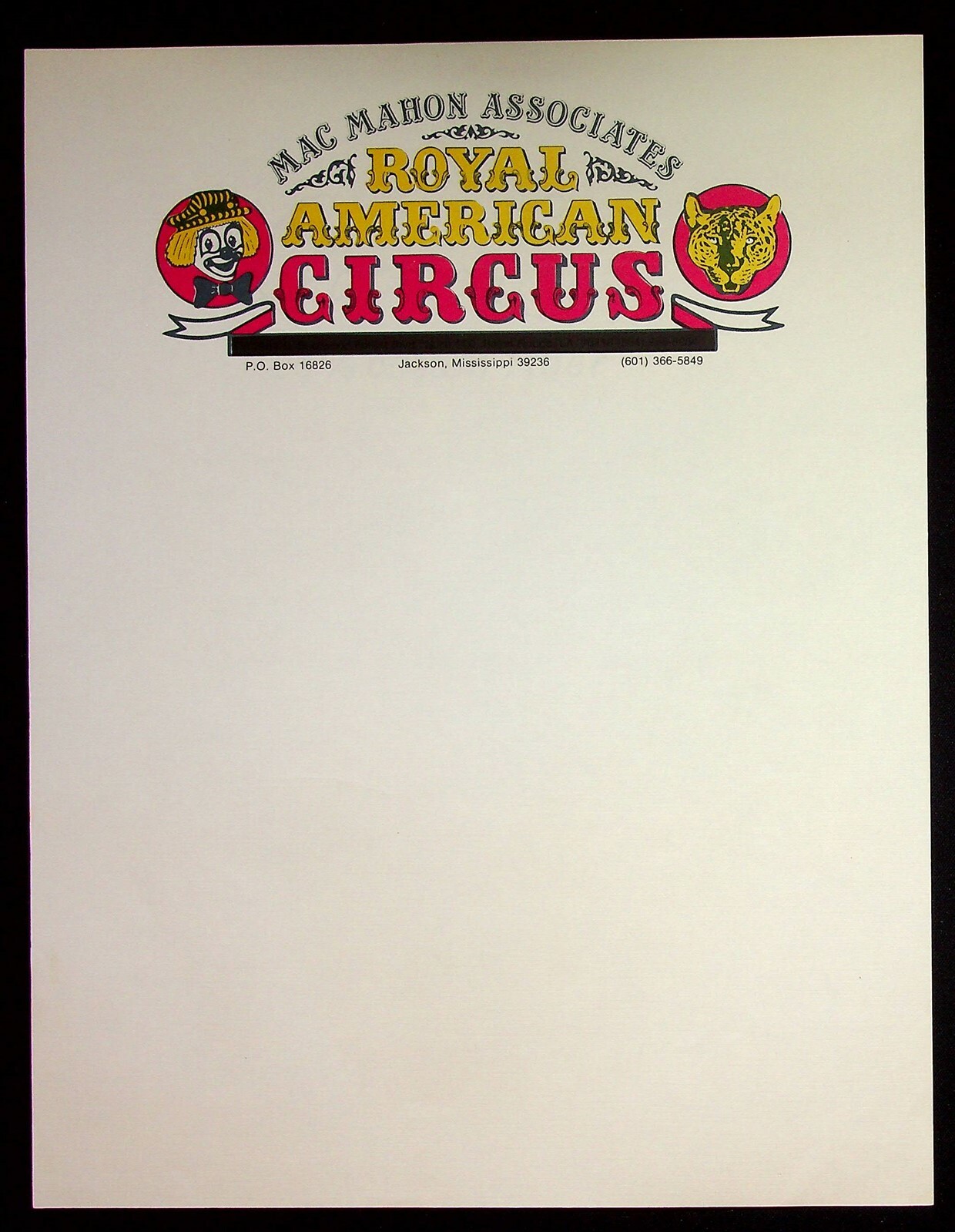 Membrete de circo oficial vintage oficial de Mac Mahon Associates Royal American Circus como nuevo