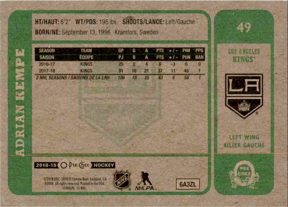 2018-19 O-Pee-Chee Retro Adrian Kempe #49 - Image 2 of 2