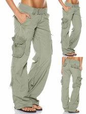 Casual Womens Low Waist Pocket Combat Jeans Trousers Ladies Cargo Pant Bottoms