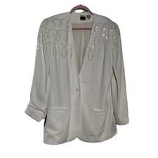 Vintage 90s Oleg Cassini Blouse Emporio White Single Button Blazer Sequin Loops