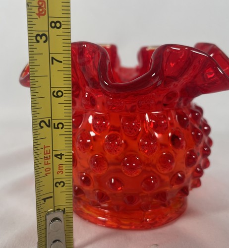 Fenton Glass Vase Hobnail Double Crimped Ruffled Amberina Ruby Red Small Glows - Picture 5 of 11