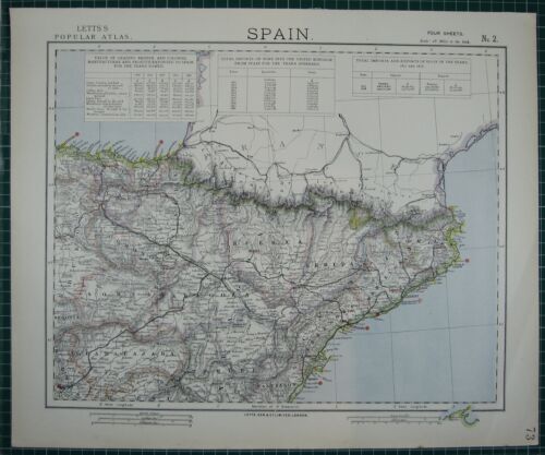 1883 LETTS MAP ~ SPAIN NORTHERN HUESCA LERIDA BARCELONA EXPORTS IMPORTS