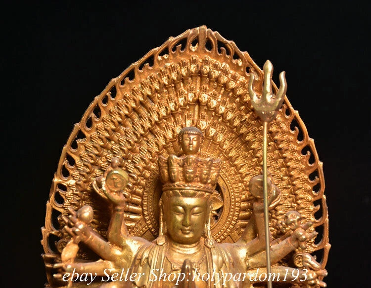 Статуэтка Авалокитешвара Бога из старой тибетской бронзы позолота 1000 гербов 10,8 дюйма   - Изображение 2 из 4