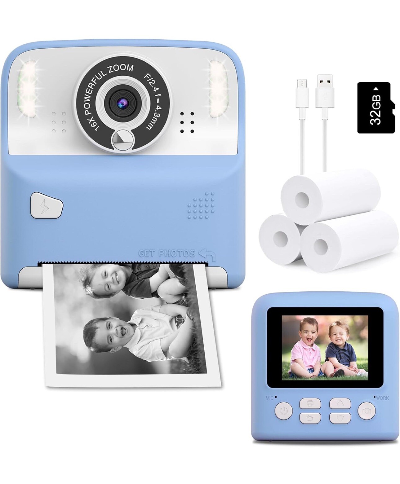 Instant Black & White Digital Camera with 2.4in Screen & 32GB Card - Blue  -image