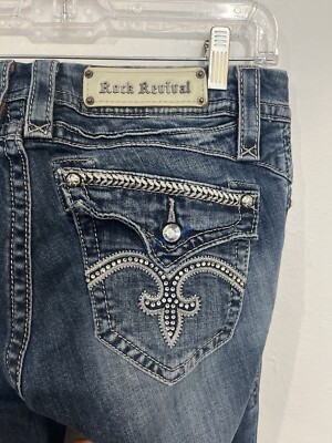 Rock Revival Sasha Jeans Womens 28 Blue Bootcut Stretch Denim Flap Pockets Bling