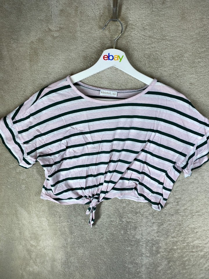KOOKAI Cropped T-Shirt Tee Top Size 1 Womens Pink Striped Short Sleeve Crew Neck