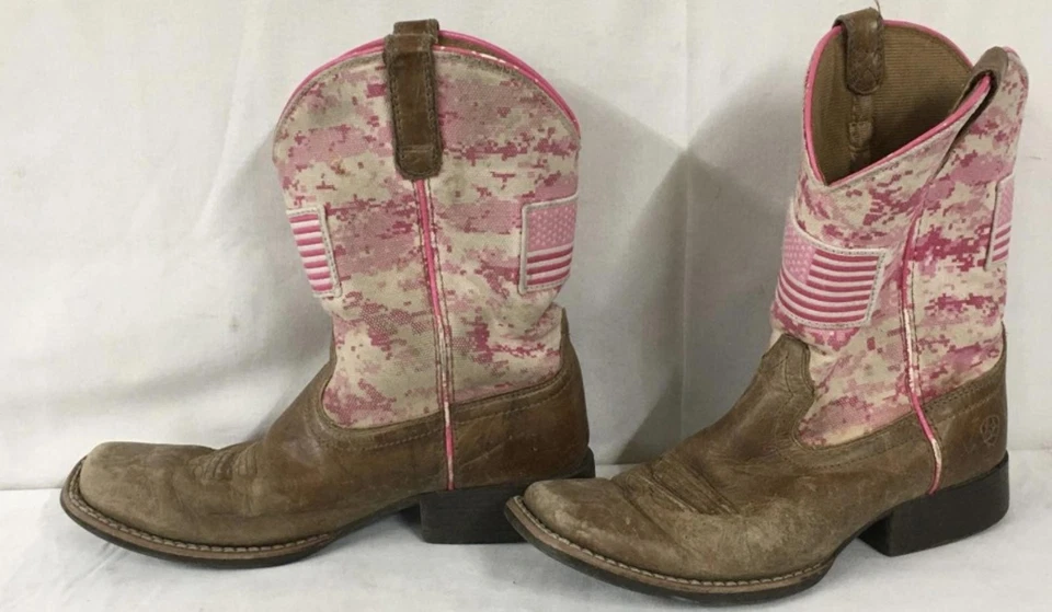 Girl's Ariat Pink Digital Camo Pull On Leather Western Square Toe Boots Size 2 - Image 3 of 4