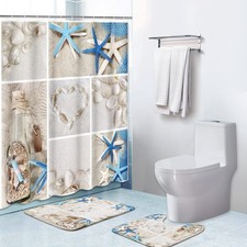 3Pcs Summer Seashells Bathroom Set, 72x72 Shower Curtain, Non-Slip Rugs, Mat