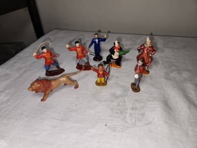 Vintage Bergen Style Circus Set Lion Tamer Clowns More Hard Plastic 8 Figures 