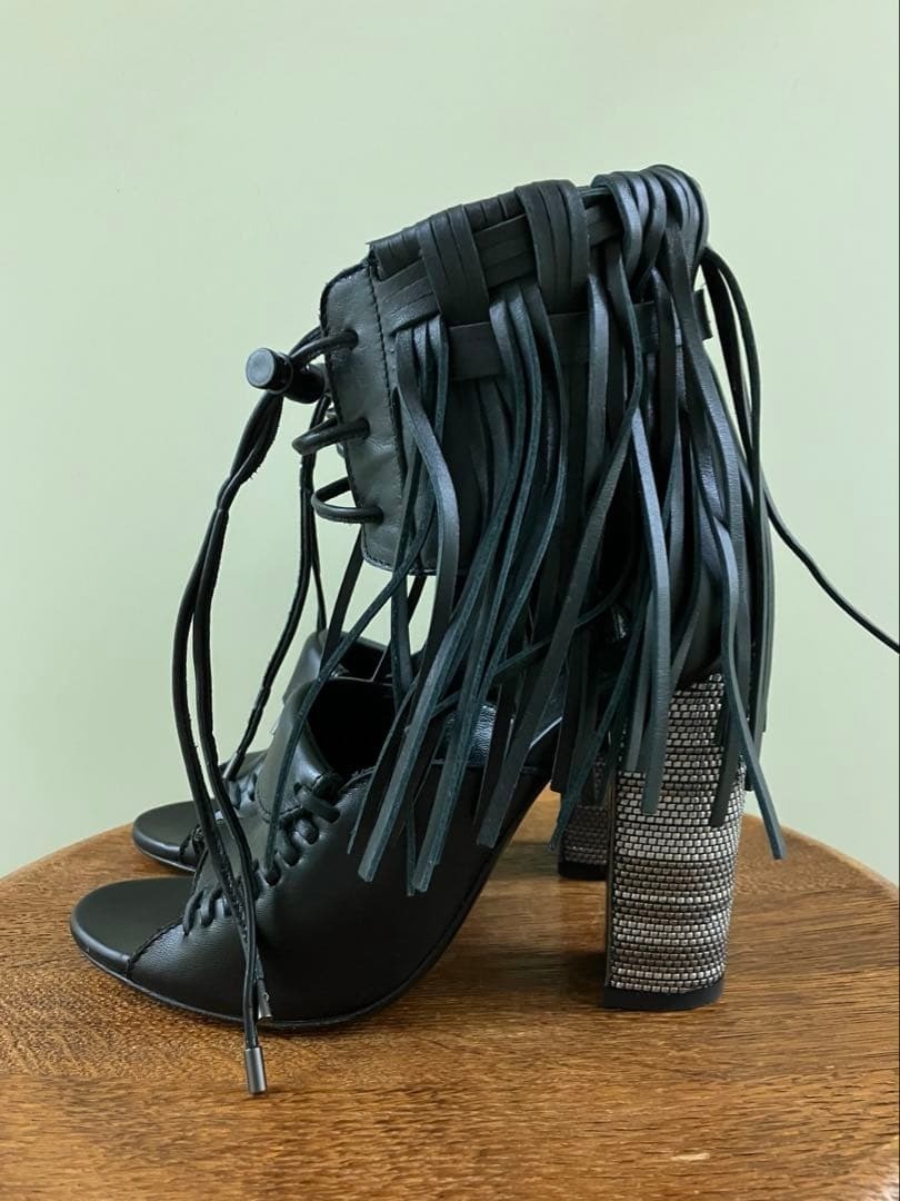 DIESEL BLACK GOLD Black Leather Fringe Chunky Heel Boots Sandals Size 37 Japan