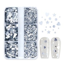 6 Grids Nail Art Glitter Sequins Silver Nail Flakes Heart Star Round Mixed Shape