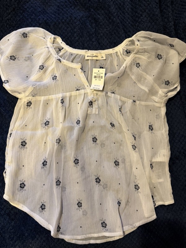 Abercrombie Kids Light Blouse, See-Through White With Blue Flowers ￼