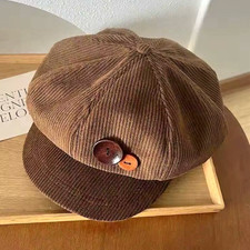 Brown Newsboy Cap Hat Button Detail Solid Uni...