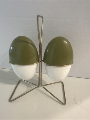 VTG Mid Century Modern Avocado Green & White Plastic Egg Salt & Pepper Shakers
