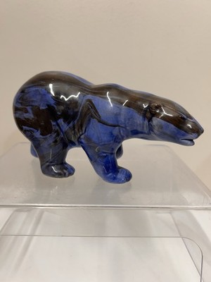 Polar Bear-ceramic Figurine Blue Glaze 4  Tall And 7  Long Markings On Bottom