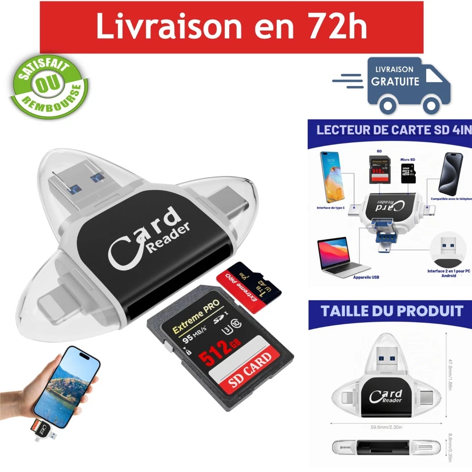 Lecteur de cartes SD MicroSD 4 en 1 USB-C USB-A Mineup - Photo 1/4