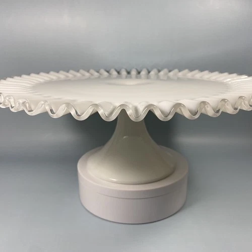 Fenton Silver Crest Milk Glass Vintage Clear Edge Pedestal Cake Stand ~ 13 in.