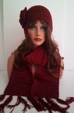 CRANBERRY RED HAND CROCHET FLOWER HAT AND SCARF SET BEANIE SKULL SKI CAP TAM
