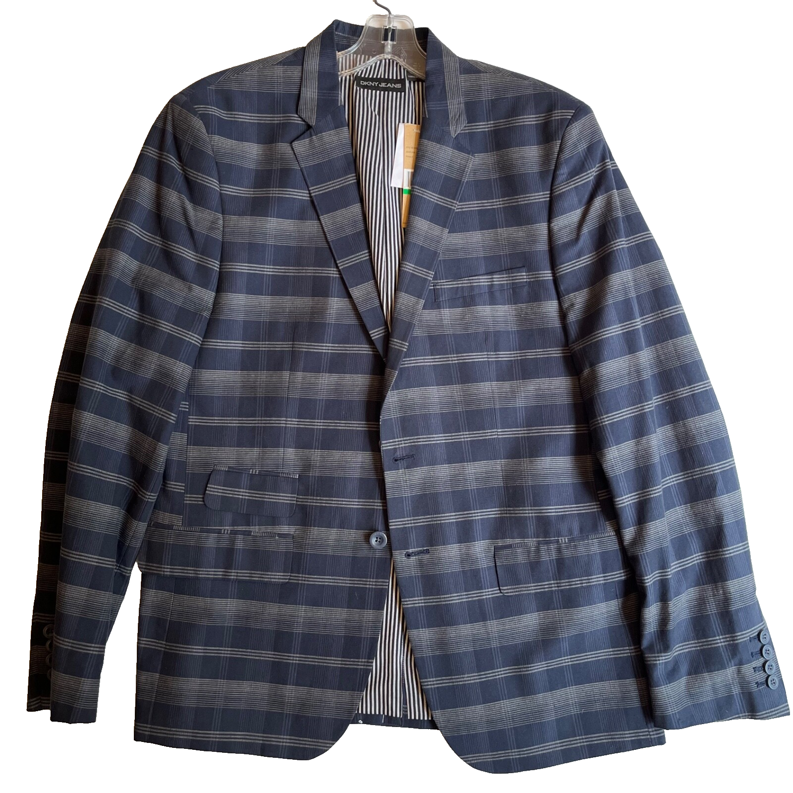 DKNY JEANS Mens Navy Gray Plaid Blazer Sport Coat Jacket Size L New With Tags $159