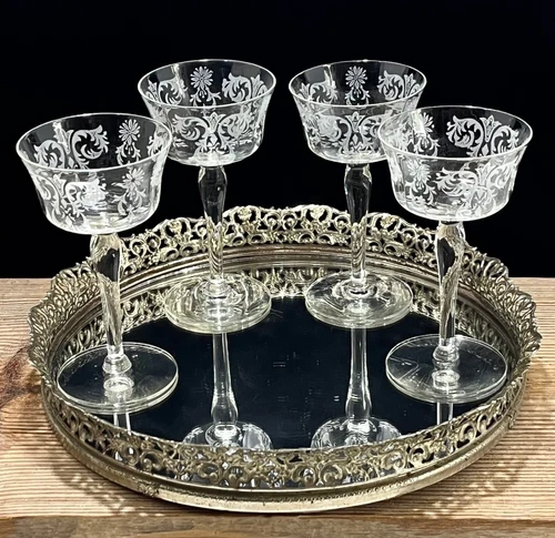 Vintage Champagne Coupe Etched Mid Century CordialCocktail Glasses Martini Set 4