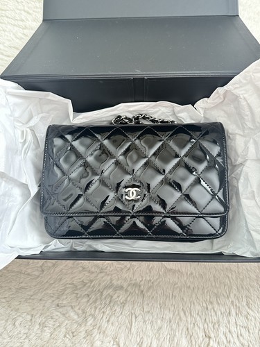 Authentic CHANEL Black Quilted Patent Leather CC Wallet On Chain WOC