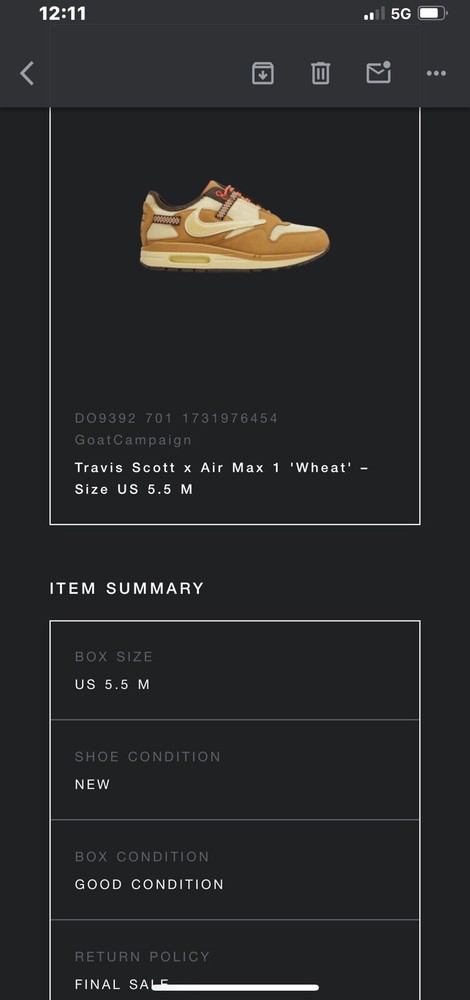 Travis Scott Air Max 1 ‘Wheat’ size 5.5M (BRAND NEW, PREORDER)
