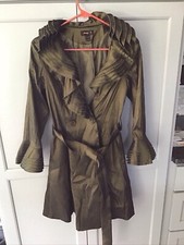 Jerry T Poly Double Breasted Lined Ruffle Trim Trench Coat Size S Metallic Pock