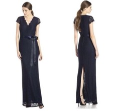 *ADRIANNA PAPELL Navy Blue Lace Cap Sleeve Maxi Dress With Slit NEW size 12