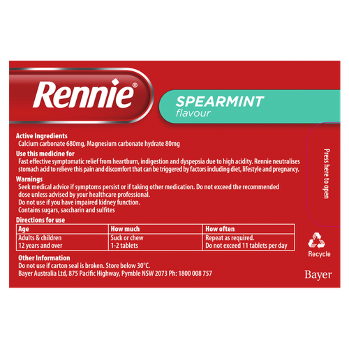 Rennie 96 Chewable Tablets - Spearmint Symptomatic Relief Indigestion Heartburn - Picture 2 of 2