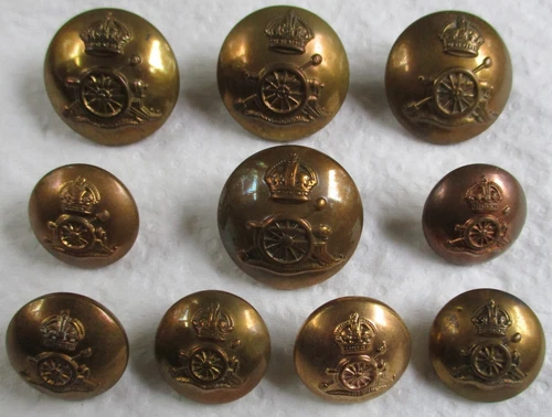 Set 10x British Army:"ROYAL ARTILLERY BRASS BUTTONS" (25mm-18mm, RA, WW1-WW2)