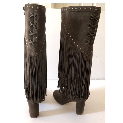 INC International Co 6 Boot Tall Tolla fringe taupe suede zip stud heels boho - Picture 5 of 9