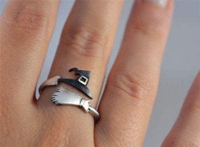 Cute Halloween Ghost Witch Broom Finger Ring Open Rings Party Cosplay Jewelry