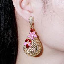 Women Statement Wedding Enamel Flower Gold Plated Zircon Long Drop Earrings Gift