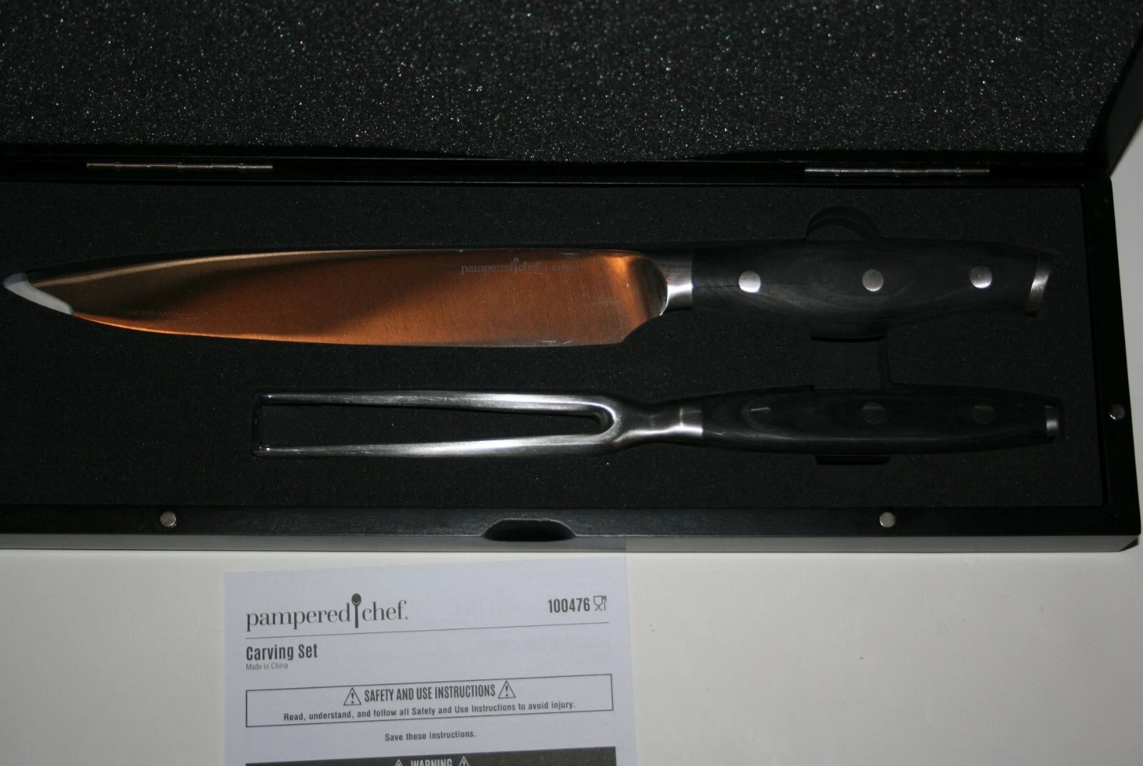 New Pampered Chef CARVING SET Knife & Fork Forged High Carbon German Steel NIB