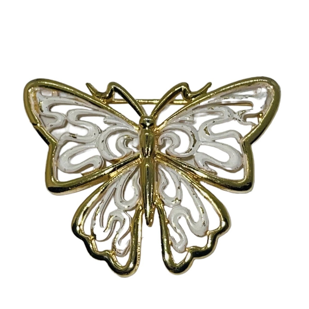 Vintage JJ Jonette White Enamel Butterfly Brooch Pin Gold
