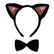 Pink Sequin Black Cat Ears & Bow Tie Costume Set ~ HALLOWEEN COSPLAY PARTY KIT
