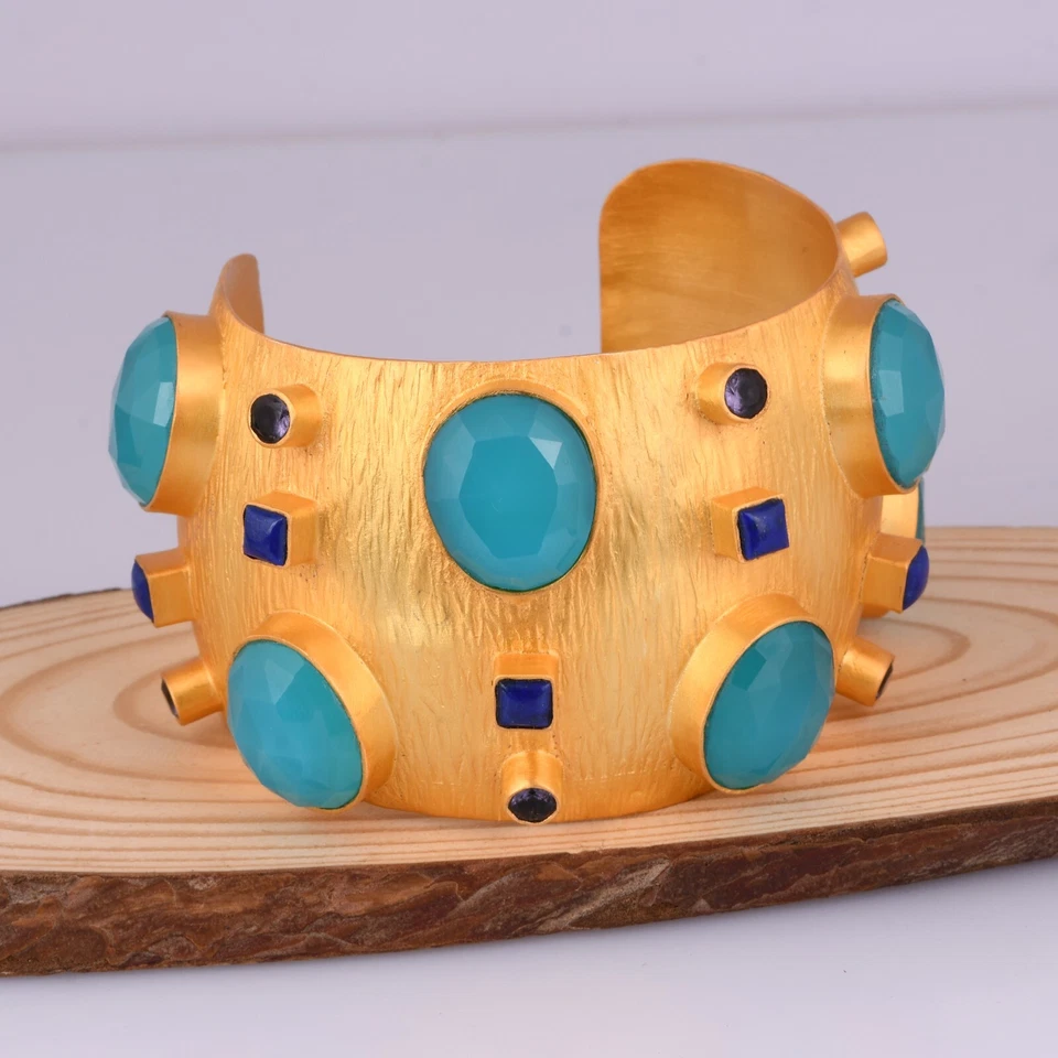 Brazalete Brazalete Ancho Chapado en Oro 18K Aqua Calcedonia Amatista Lapislázuli Joyería Foto 2 de 4