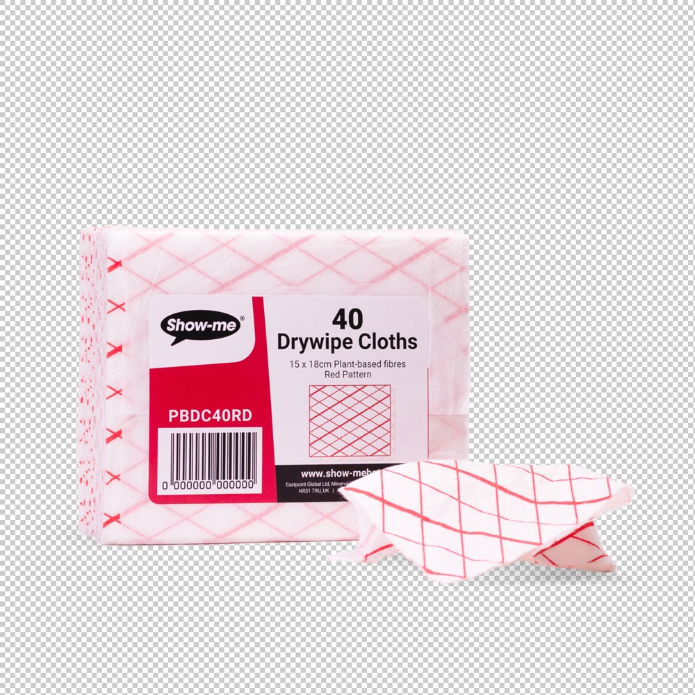 Show-Me Pack of 40 Plant-based drywipe eraser cloths with Red design.