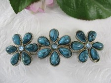 VTG Faux Turquoise 3 -Flower Hair Barrette Clip Silver Tone Metal