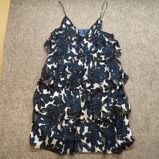 J. Crew Navy Blue Floral Tiered Ruffle Spaghetti Strap Silk Dress Size 10