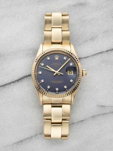 Vintage 1986 Rolex Oyster Perpetual Date 14K YG Purple Diamond Dial Auto 34mm