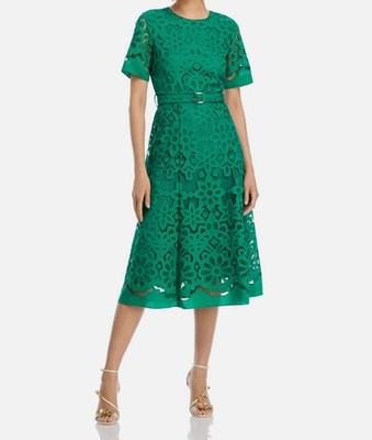 Elie Tahari Women's Green Lace Round Neck Belted The Gaia Dress Size 12