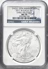 2011 W BURNISHED SILVER EAGLE W MINT MARK 25TH ANNIV. EARLY RELEASES NGC MS70