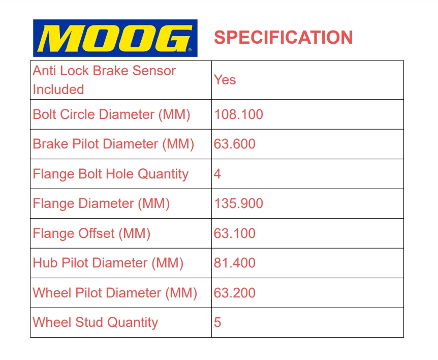 Conjunto de buje de cojinete de rueda trasero Moog 512466 par para Ford Focus NY 2012-2018 Foto 3 de 4