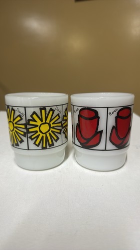 Anchor Hocking Fire King Yellow Daisy Red Rose Flower Milk Glass Mugs USA - Picture 5 of 9