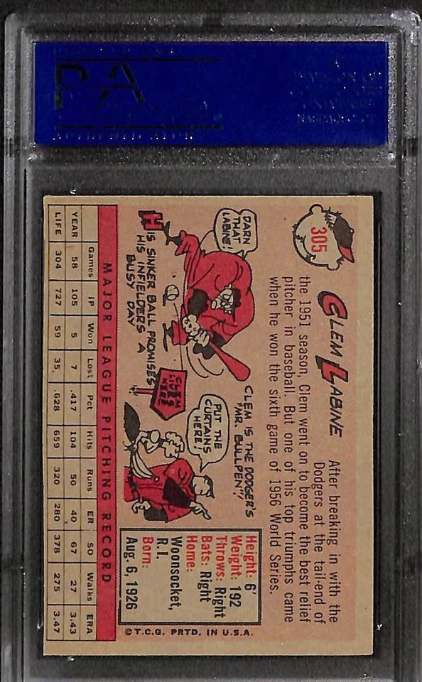1958 TOPPS #305 Clem Labine PSA 7 NM 07183618 - Image 2 of 3