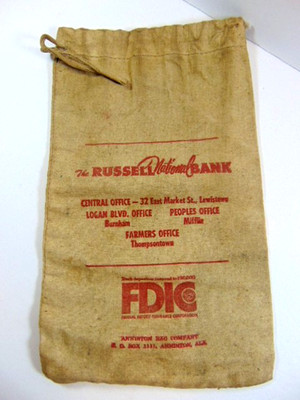 Old Russel National Bank canvas bank bag: branches in Lewistown,PA Burnham, etc.
