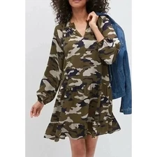 Banana Republic Army Grn Camouflage Sz Sm Long Sleeve Dress 100% Recycled Paper