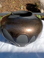 Haeger Volcanic Raku Black Lava Matte & Bronze Drip Glaze Pottery Pot Vase 8"